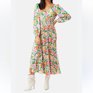 Traffic People Aurora L NWT White Multicolored Balloon Sleeve Floral Midi‎ Dress